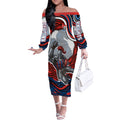 Personalized Newcastle Knights Off The Shoulder Long Sleeve Dress Aboriginal Dot Art - Dreamtime Rugby Mascot