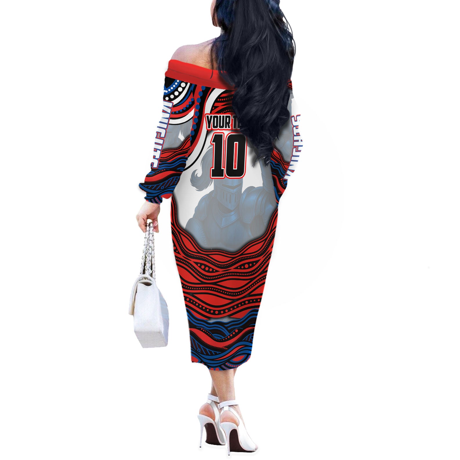 Personalized Newcastle Knights Off The Shoulder Long Sleeve Dress Aboriginal Dot Art - Dreamtime Rugby Mascot