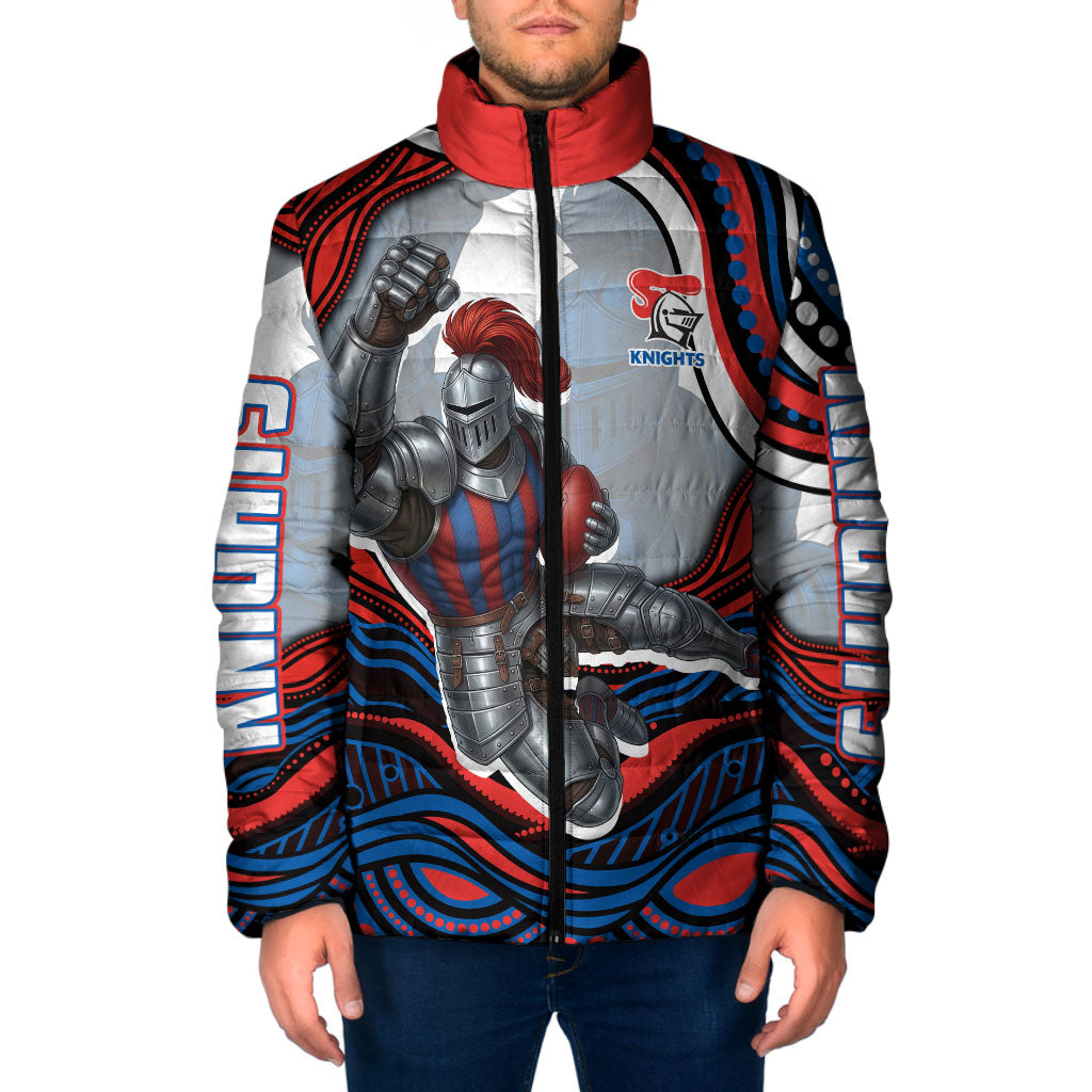 Personalized Newcastle Knights Padded Jacket Aboriginal Dot Art - Dreamtime Rugby Mascot
