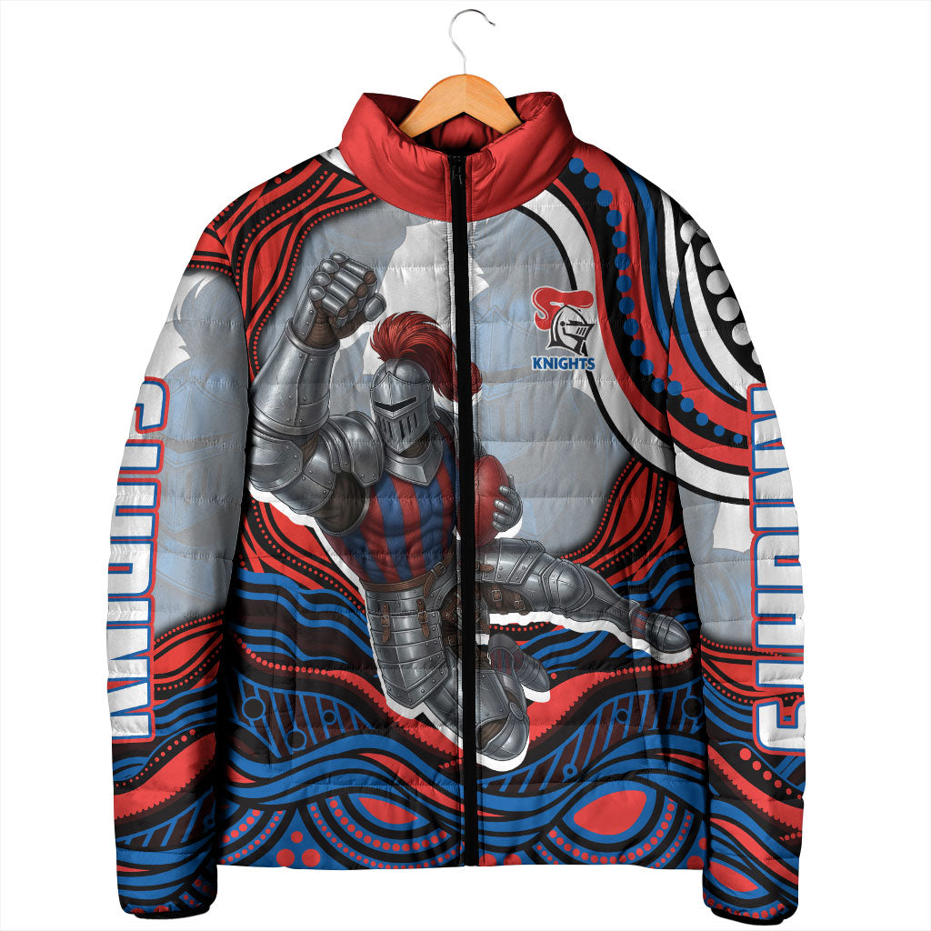 Personalized Newcastle Knights Padded Jacket Aboriginal Dot Art - Dreamtime Rugby Mascot
