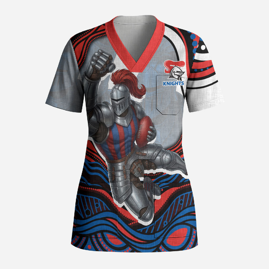Personalized Newcastle Knights Scrub Top Aboriginal Dot Art - Dreamtime Rugby Mascot