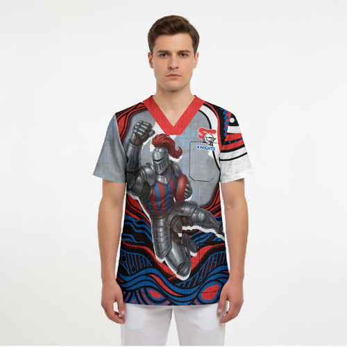 Personalized Newcastle Knights Scrub Top Aboriginal Dot Art - Dreamtime Rugby Mascot