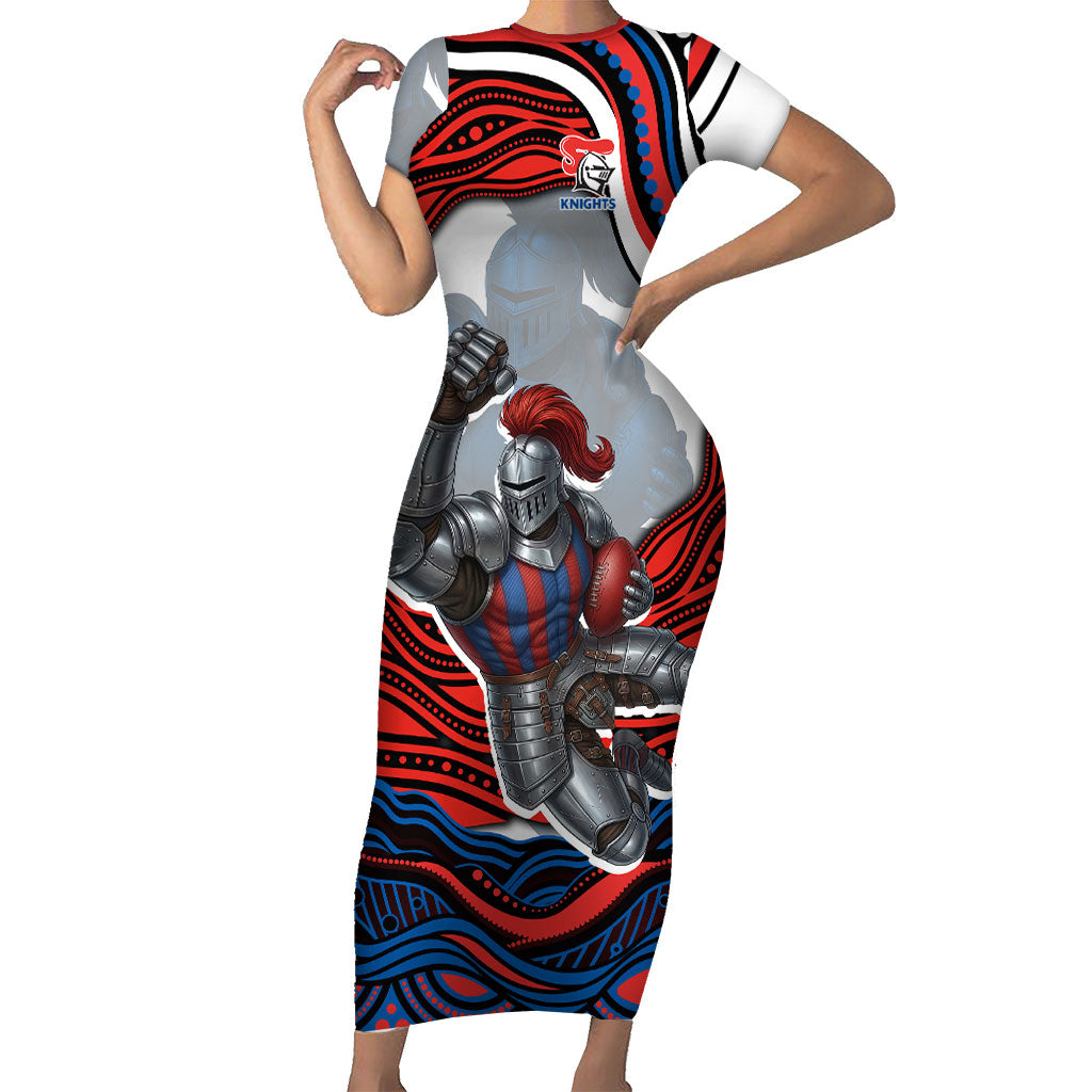 Personalized Newcastle Knights Short Sleeve Bodycon Dress Aboriginal Dot Art - Dreamtime Rugby Mascot