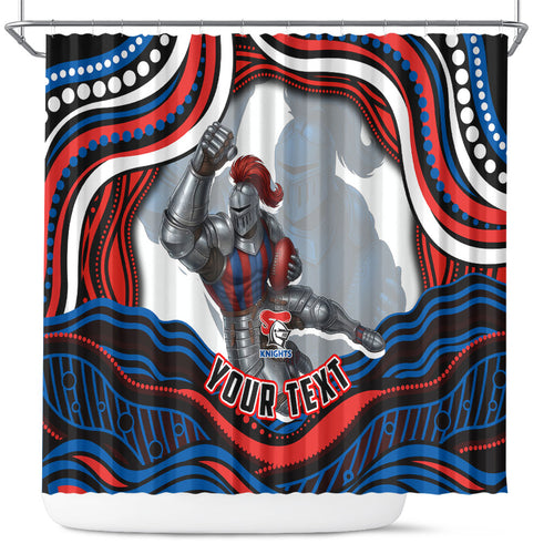 Personalized Newcastle Knights Shower Curtain Aboriginal Dot Art - Dreamtime Rugby Mascot
