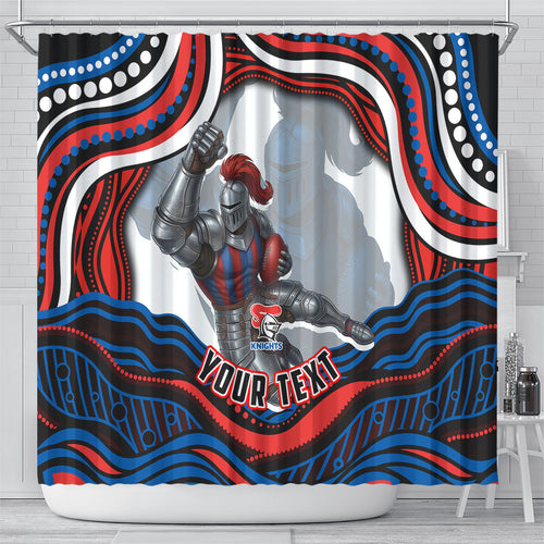 Personalized Newcastle Knights Shower Curtain Aboriginal Dot Art - Dreamtime Rugby Mascot