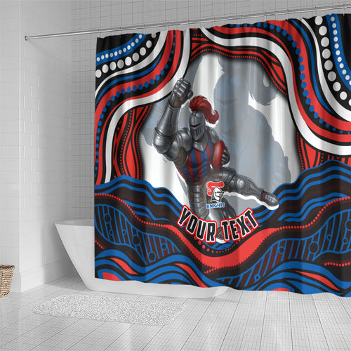 Personalized Newcastle Knights Shower Curtain Aboriginal Dot Art - Dreamtime Rugby Mascot