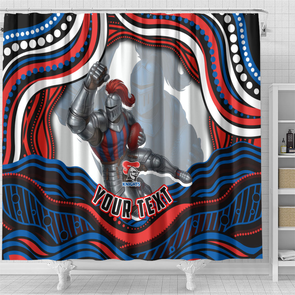 Personalized Newcastle Knights Shower Curtain Aboriginal Dot Art - Dreamtime Rugby Mascot