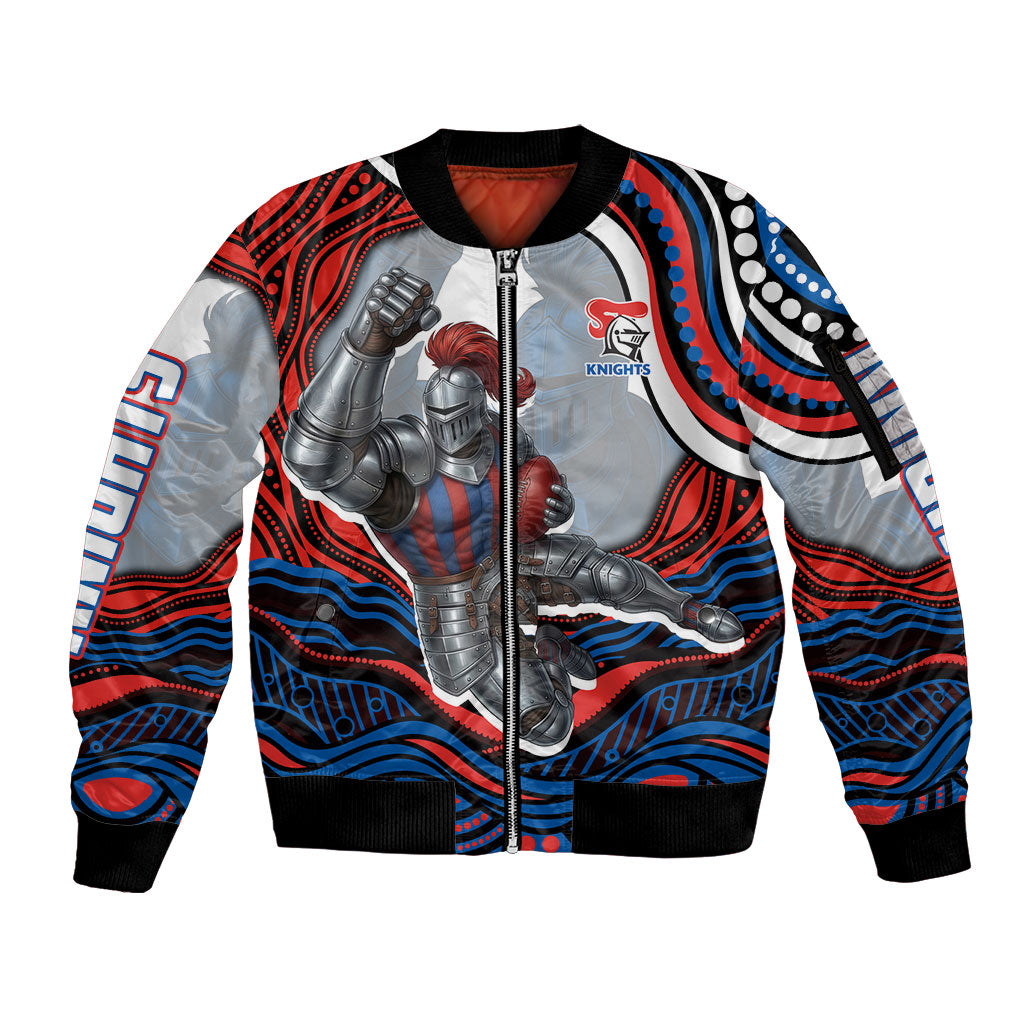 Personalized Newcastle Knights Sleeve Zip Bomber Jacket Aboriginal Dot Art - Dreamtime Rugby Mascot