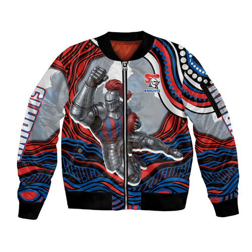 Personalized Newcastle Knights Sleeve Zip Bomber Jacket Aboriginal Dot Art - Dreamtime Rugby Mascot