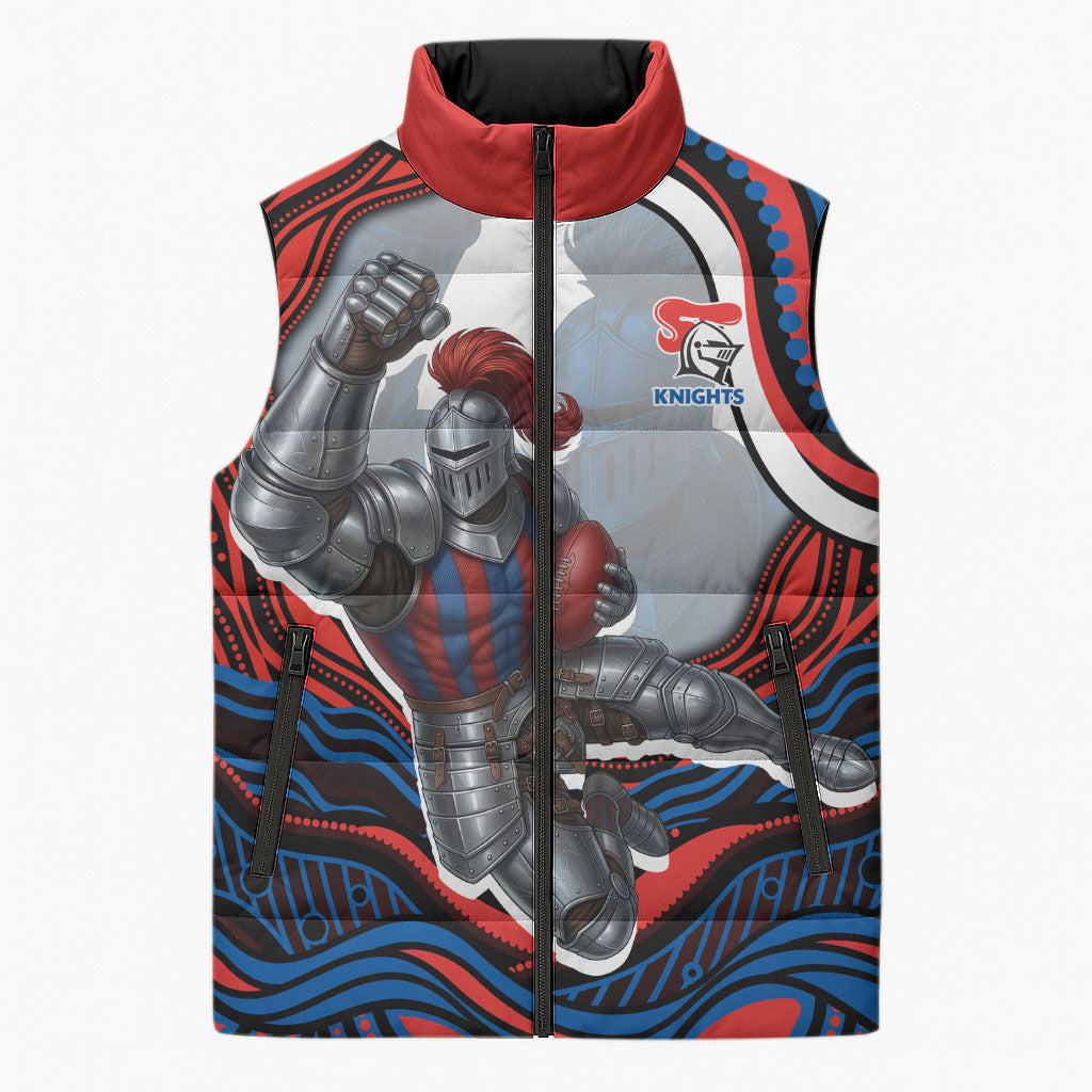 Personalized Newcastle Knights Sleeveless Puffer Jacket Aboriginal Dot Art - Dreamtime Rugby Mascot
