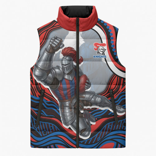 Personalized Newcastle Knights Sleeveless Puffer Jacket Aboriginal Dot Art - Dreamtime Rugby Mascot