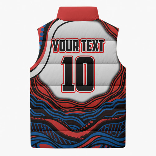 Personalized Newcastle Knights Sleeveless Puffer Jacket Aboriginal Dot Art - Dreamtime Rugby Mascot