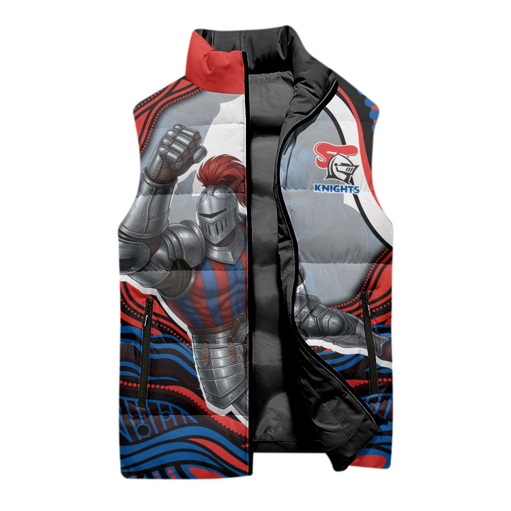 Personalized Newcastle Knights Sleeveless Puffer Jacket Aboriginal Dot Art - Dreamtime Rugby Mascot