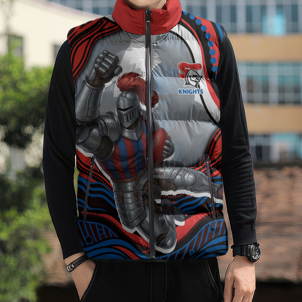 Personalized Newcastle Knights Sleeveless Puffer Jacket Aboriginal Dot Art - Dreamtime Rugby Mascot