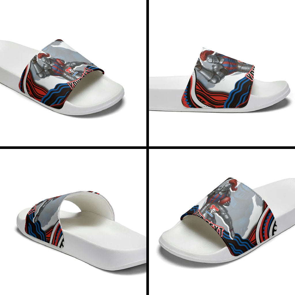 Personalized Newcastle Knights Slide Sandals Aboriginal Dot Art - Dreamtime Rugby Mascot