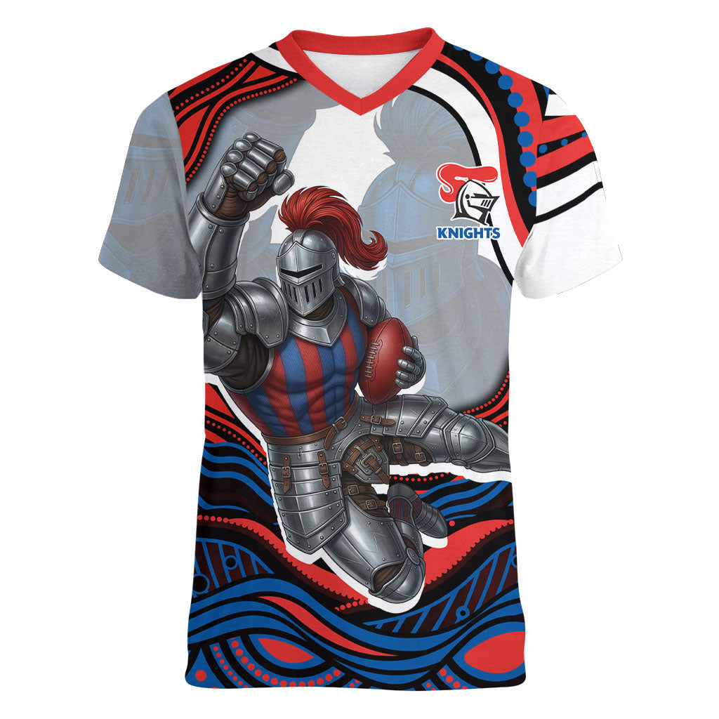 Personalized Newcastle Knights Women V-Neck T-Shirt Aboriginal Dot Art - Dreamtime Rugby Mascot