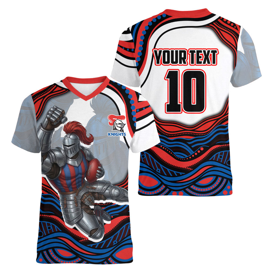 Personalized Newcastle Knights Women V-Neck T-Shirt Aboriginal Dot Art - Dreamtime Rugby Mascot