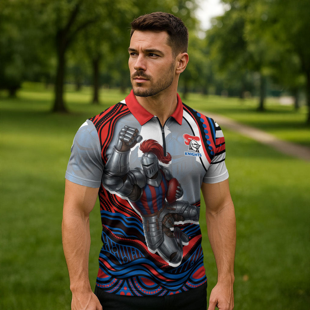 Personalized Newcastle Knights Zipper Polo Shirt Aboriginal Dot Art - Dreamtime Rugby Mascot