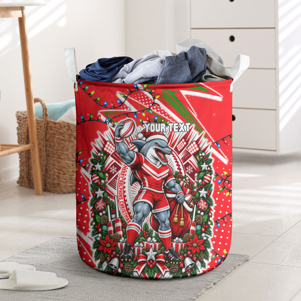 Personalized Dolphins Rugby Christmas Laundry Basket Holiday Mascot Graphic Art Festive Lights Bow