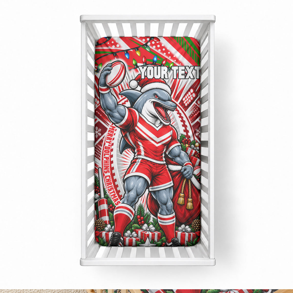 Personalized Dolphins Rugby Christmas Baby Bed Cover Holiday Mascot Graphic Art Festive Lights Bow