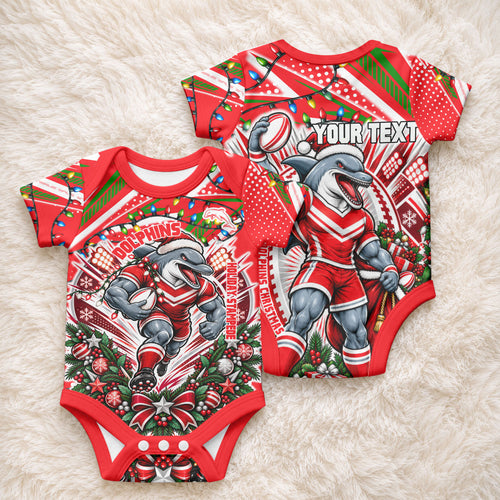 Personalized Dolphins Rugby Christmas Baby Onesie Holiday Mascot Graphic Art Festive Lights Bow