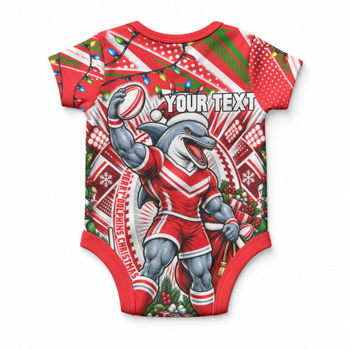 Personalized Dolphins Rugby Christmas Baby Onesie Holiday Mascot Graphic Art Festive Lights Bow