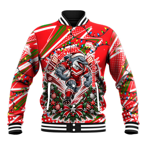 Personalized Dolphins Rugby Christmas Baseball Jacket Holiday Mascot Graphic Art Festive Lights Bow
