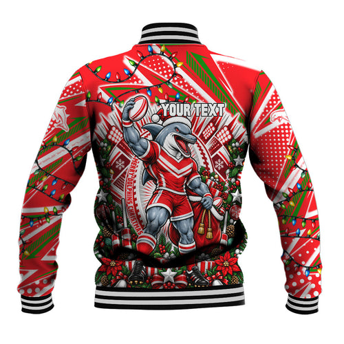 Personalized Dolphins Rugby Christmas Baseball Jacket Holiday Mascot Graphic Art Festive Lights Bow