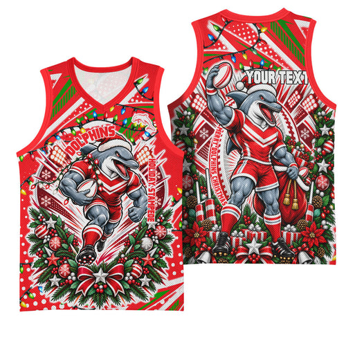 Personalized Dolphins Rugby Christmas Basketball Jersey Holiday Mascot Graphic Art Festive Lights Bow
