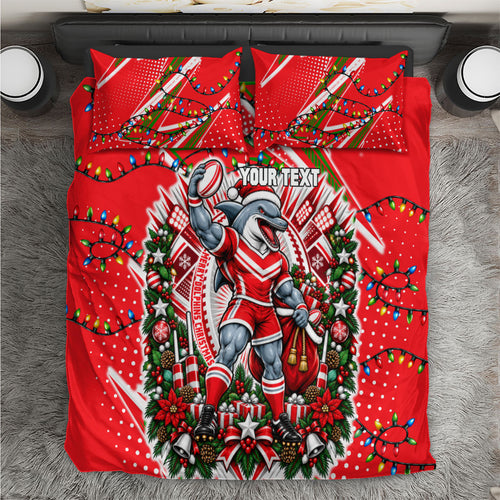 Personalized Dolphins Rugby Christmas Bedding Set Holiday Mascot Graphic Art Festive Lights Bow