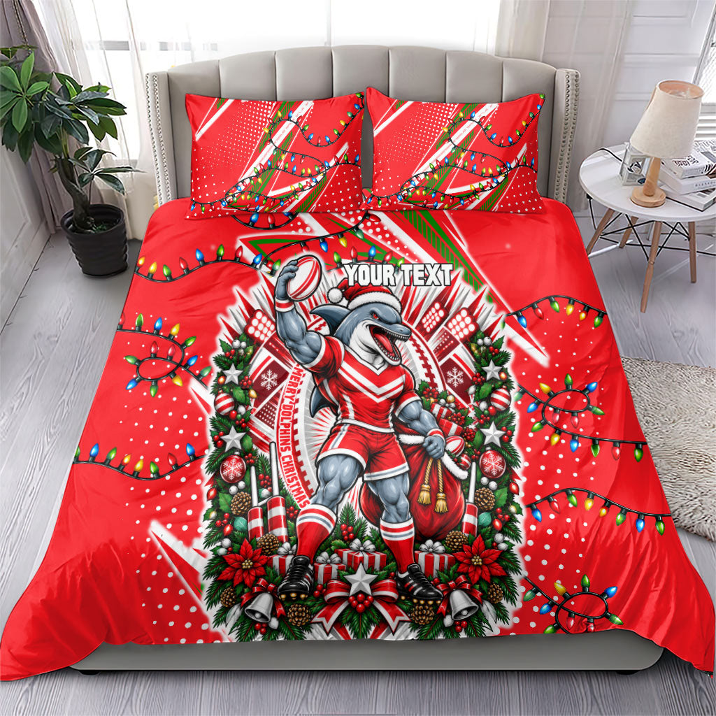 Personalized Dolphins Rugby Christmas Bedding Set Holiday Mascot Graphic Art Festive Lights Bow