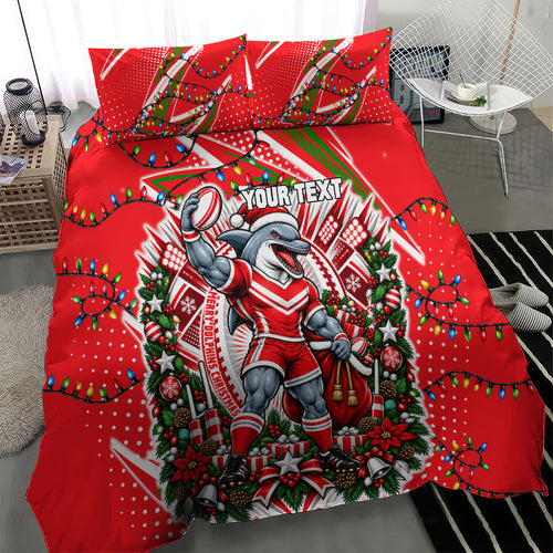 Personalized Dolphins Rugby Christmas Bedding Set Holiday Mascot Graphic Art Festive Lights Bow