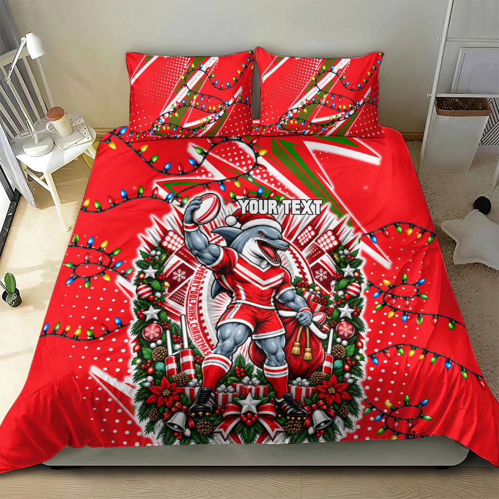 Personalized Dolphins Rugby Christmas Bedding Set Holiday Mascot Graphic Art Festive Lights Bow