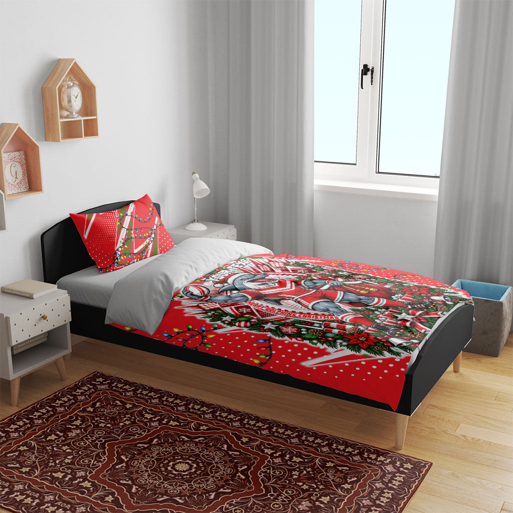 Personalized Dolphins Rugby Christmas Bedding Set Holiday Mascot Graphic Art Festive Lights Bow