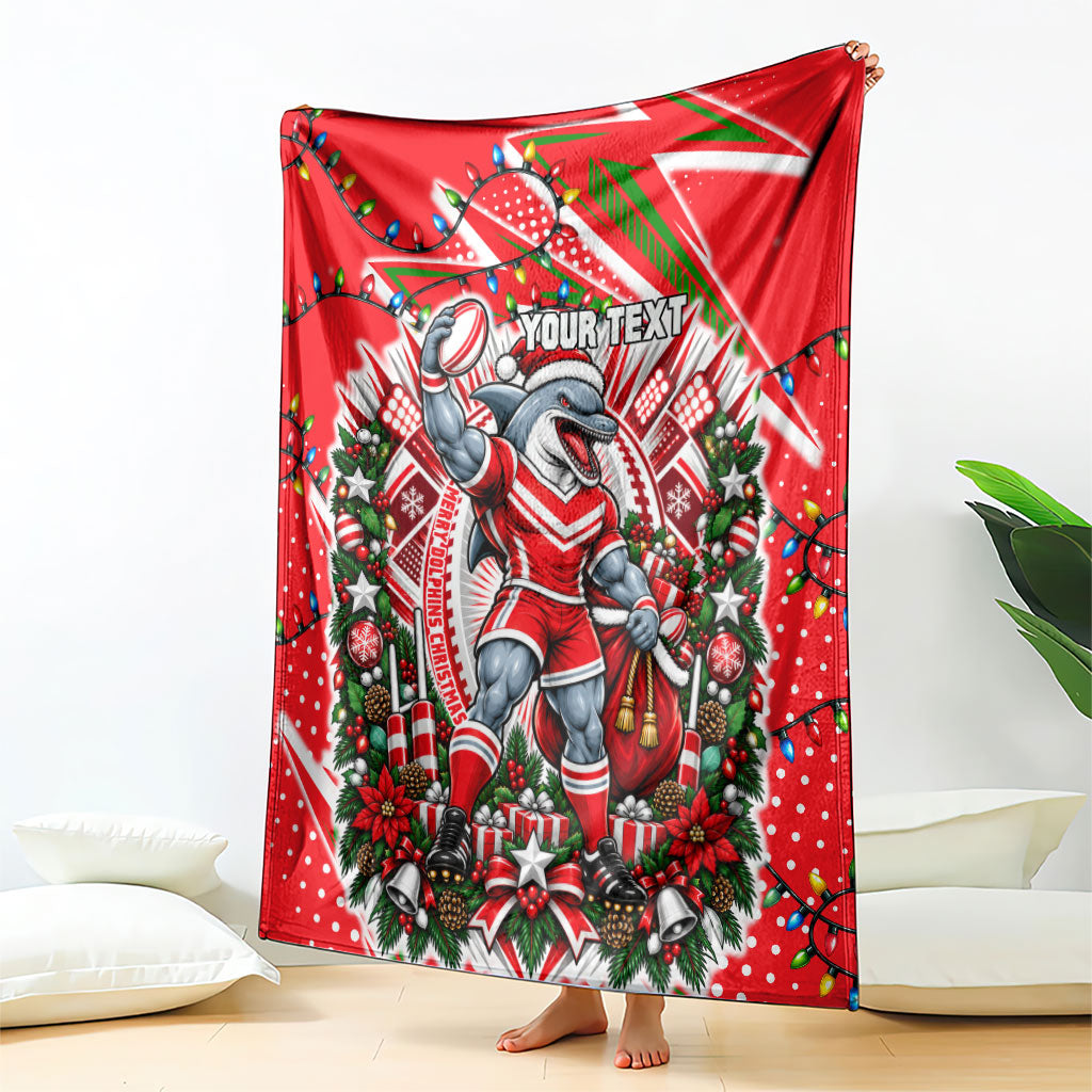 Personalized Dolphins Rugby Christmas Blanket Holiday Mascot Graphic Art Festive Lights Bow