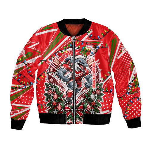 Personalized Dolphins Rugby Christmas Bomber Jacket Holiday Mascot Graphic Art Festive Lights Bow