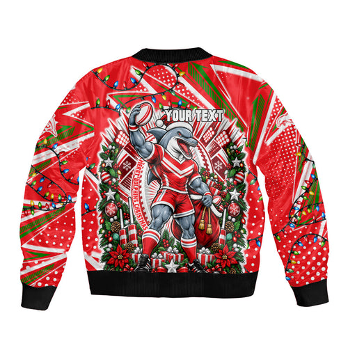 Personalized Dolphins Rugby Christmas Bomber Jacket Holiday Mascot Graphic Art Festive Lights Bow