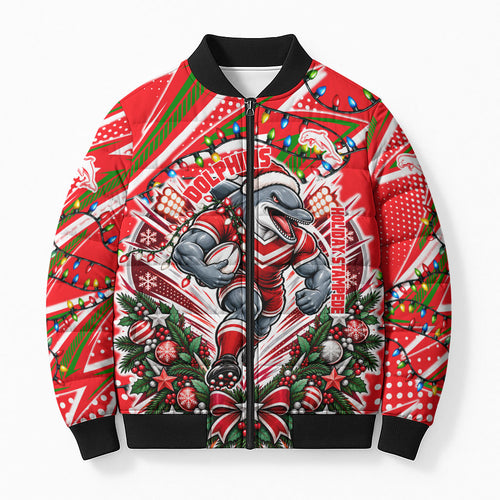 Personalized Dolphins Rugby Christmas Bomber Puffer Jacket Holiday Mascot Graphic Art Festive Lights Bow