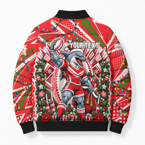 Personalized Dolphins Rugby Christmas Bomber Puffer Jacket Holiday Mascot Graphic Art Festive Lights Bow