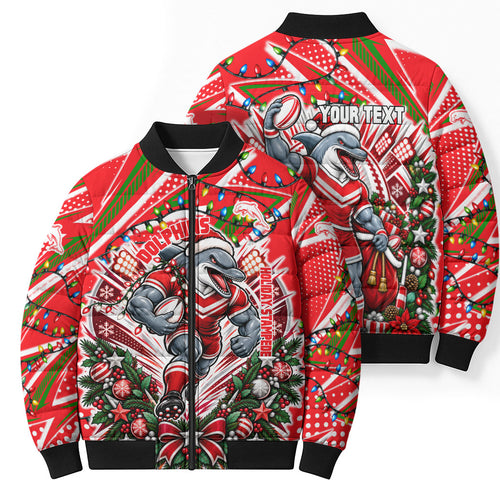 Personalized Dolphins Rugby Christmas Bomber Puffer Jacket Holiday Mascot Graphic Art Festive Lights Bow
