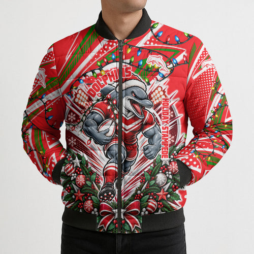 Personalized Dolphins Rugby Christmas Bomber Puffer Jacket Holiday Mascot Graphic Art Festive Lights Bow