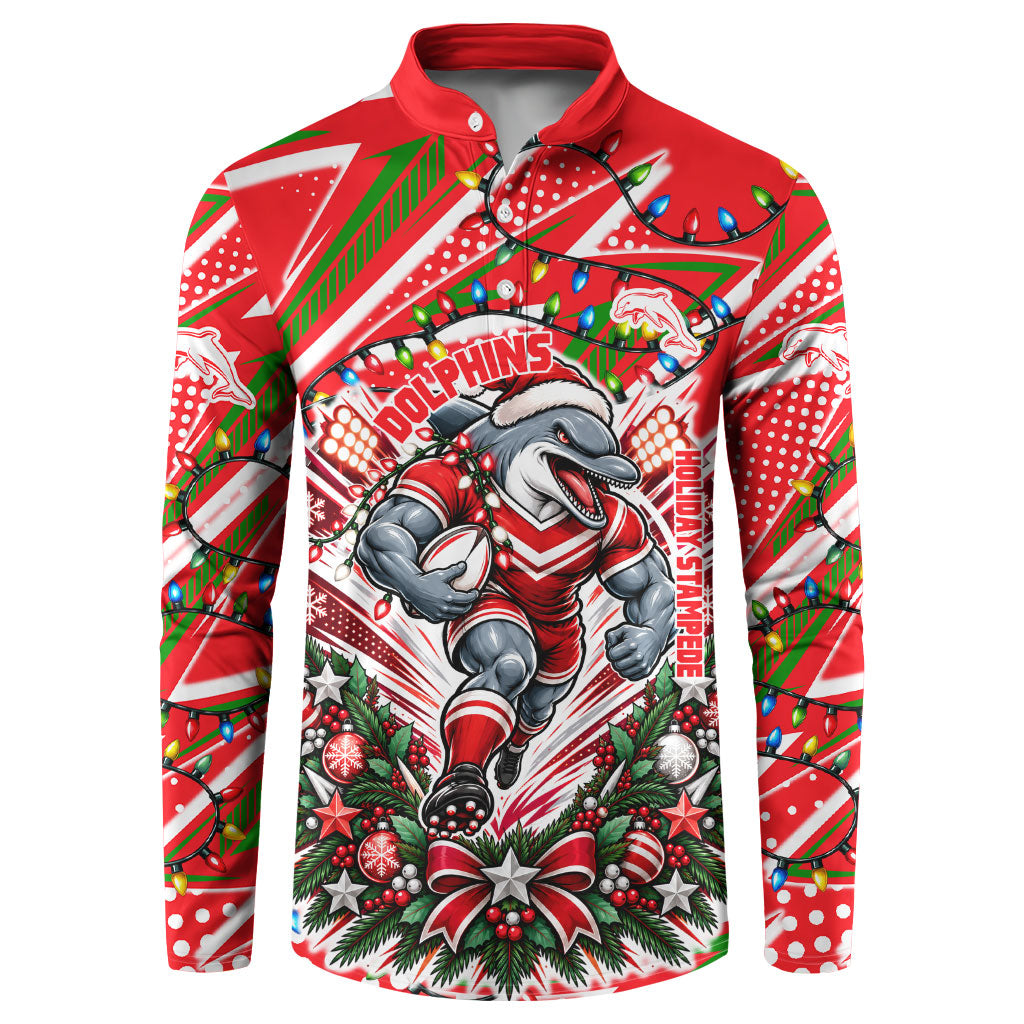 Personalized Dolphins Rugby Christmas Button Sweatshirt Holiday Mascot Graphic Art Festive Lights Bow
