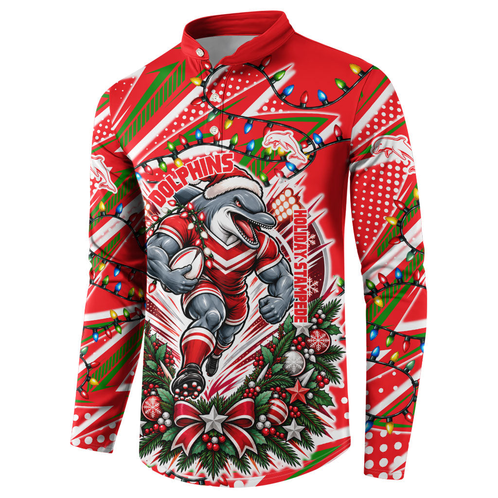 Personalized Dolphins Rugby Christmas Button Sweatshirt Holiday Mascot Graphic Art Festive Lights Bow