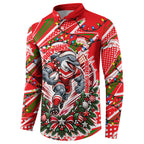 Personalized Dolphins Rugby Christmas Button Sweatshirt Holiday Mascot Graphic Art Festive Lights Bow