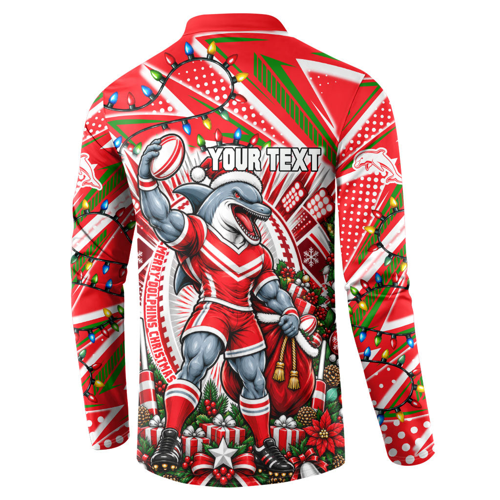 Personalized Dolphins Rugby Christmas Button Sweatshirt Holiday Mascot Graphic Art Festive Lights Bow