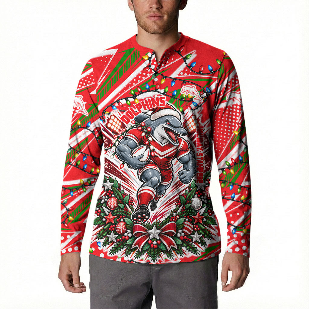 Personalized Dolphins Rugby Christmas Button Sweatshirt Holiday Mascot Graphic Art Festive Lights Bow