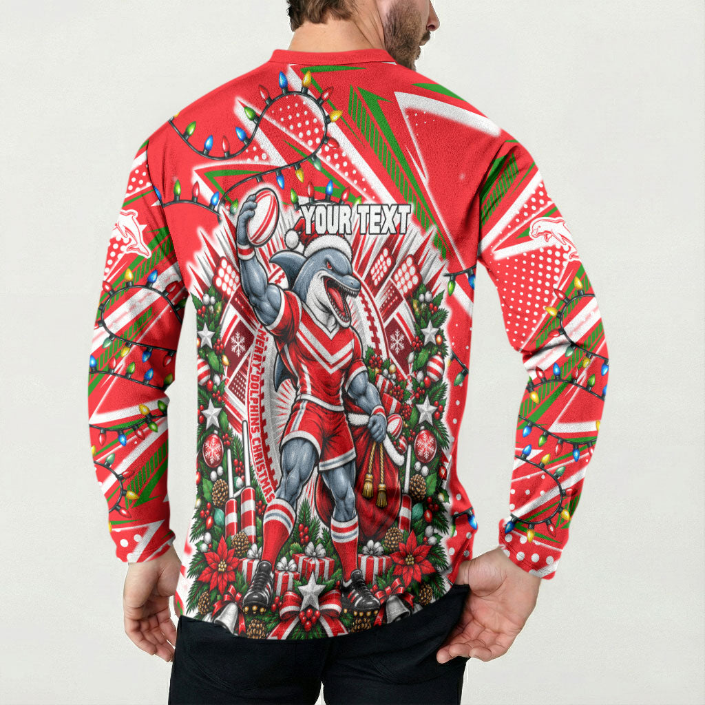 Personalized Dolphins Rugby Christmas Button Sweatshirt Holiday Mascot Graphic Art Festive Lights Bow