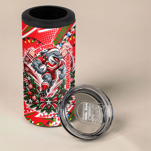 Personalized Dolphins Rugby Christmas 4 in 1 Can Cooler Tumbler Holiday Mascot Graphic Art Festive Lights Bow