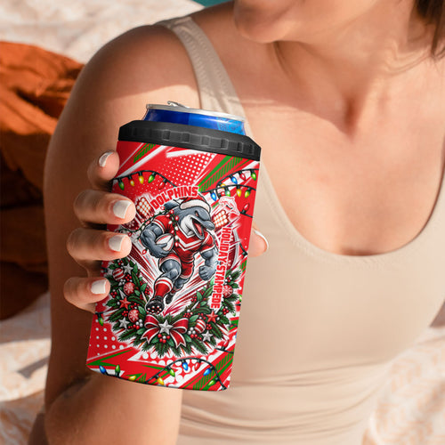 Personalized Dolphins Rugby Christmas 4 in 1 Can Cooler Tumbler Holiday Mascot Graphic Art Festive Lights Bow