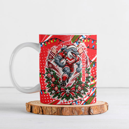 Personalized Dolphins Rugby Christmas Ceramic Mug Holiday Mascot Graphic Art Festive Lights Bow